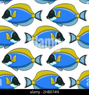 Modello senza giunture con il chirurgo del pesce. Sfondo tropicale vettoriale su bianco. Illustrazione Vettoriale
