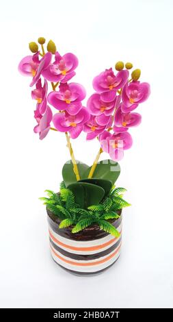 Orchidea artificiale con vaso in ceramica ornamentale isolato su sfondo bianco Foto Stock