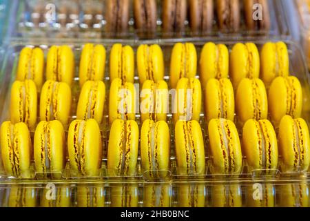 Macaron gialli a Ladurée in Burlington Arcade, Regent Street, Londra, Regno Unito Foto Stock