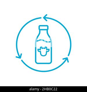 Icona della linea del flacone di latte riutilizzabile. Bottiglia di latte in vetro ricaricabile con frecce di riciclo. Imballaggio ecologico e sostenibile. Contenitore del latte fresco restituibile. Illustrazione Vettoriale