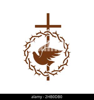 Religione cristiana icona vettore con colomba e croce all'interno della corona di spine. Crocifisso cristiano-cattolico, piccione e corona con pikes, religioso Illustrazione Vettoriale