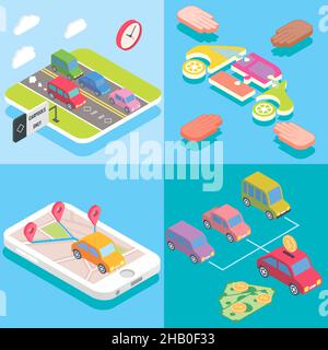 Concetto di servizio di carpool in stile isometrico. Vector flat 3D icone. Persone che condividono auto. Smartphone mobile per condividere la guida e utilizzare il carpooling HOV Illustrazione Vettoriale