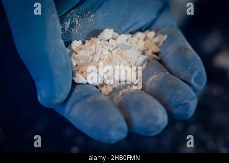 Amburgo, Germania. 16th Dic 2021. Un funzionario doganale presenta la cocaina pressata e altamente concentrata da un grande ritrovamento di cocaina ad una conferenza stampa della dogana di Amburgo. Credit: Christian Charisius/dpa/Alamy Live News Foto Stock