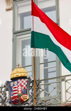 Bandiera ungherese e scudo. Simbolo araldico patriottico. Nazione europea. Insegne Foto Stock