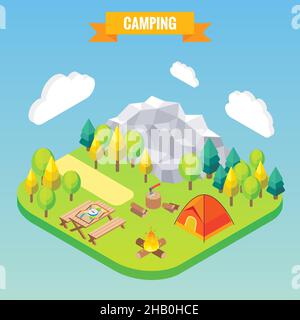Concetto isometrico camping. Illustrazione vettoriale in stile 3D piatto. Attività all'aperto nel campo. Viaggi in montagna Illustrazione Vettoriale