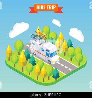 Camper con bicicletta sul tetto. Illustrazione vettoriale isometrica di viaggio e campeggio in stile piatto 3D. Attività all'aperto nel campo. Viaggia in auto caravan Illustrazione Vettoriale
