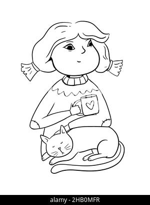 Colorare la pagina del libro con la ragazza ed il gatto. Pagina di colorazione inverno di Natale per i bambini. Foto Stock