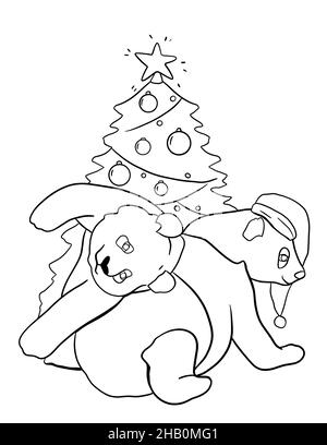 Illustrazione del libro di colorazione di Natale, pagina di colorazione degli animali della carezza. Panda porta illustrazione di linea. Mamma e bambino panda. Foto Stock