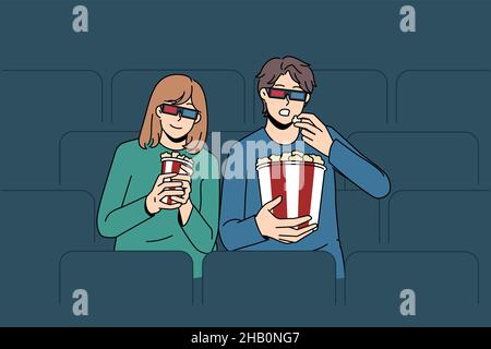 3d concetto di cinema e intrattenimento. Giovane coppia ragazzo e ragazza con 3D occhiali speciali seduti guardando il film in cinema club mangiare popcorn avere divertente illustrazione vettoriale Illustrazione Vettoriale