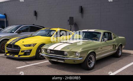 ROYAL OAK, MI/USA - 20 AGOSTO 2021: Una Ford Mach-e GT e due Ford Mustang Shelby GT 500 sulla rotta Woodward Dream Cruise. Foto Stock