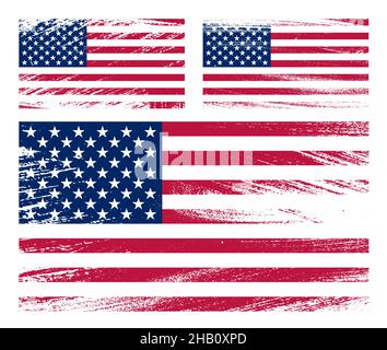 Set di texture grunge American flag gesso graffio vernice su sfondo bianco. Texture del vecchio poster indietro con noi bandiera. Vettore Illustrazione Vettoriale