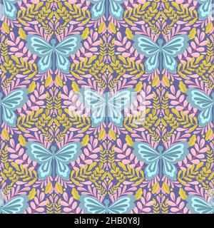 Butterfly e pianta senza cuciture pattern.Simple piatto elemento cute insetto.cute disegno cartoon. Illustrazione Vettoriale