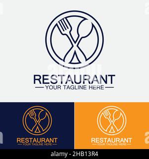 Logo del ristorante con icona a cucchiaio e forchetta, menu design concetto di bevanda alimentare per il ristorante caffetteria Illustrazione Vettoriale