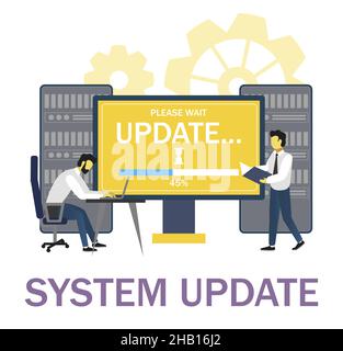 Amministratori di sistema che aggiornano il sistema operativo. Installazione del software, aggiornamento o manutenzione del sistema informatico, Vector. Illustrazione Vettoriale