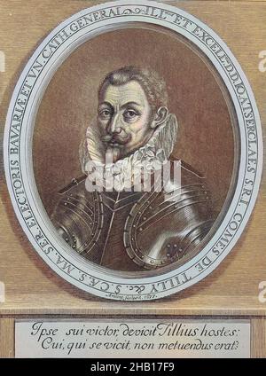 Johann, John o Jean T'Serclaes di Tilly, dal 1559 febbraio al 30 aprile 1632, fu un conte olandese che servì durante la Guerra dei Trent'anni come comandante supremo sia della Lega Cattolica che dal 1630 dell'esercito imperiale, incisa da Umling After One Portrait, 1677 / Johann, John oder Jean T'Serclaes von Tilly, febbraio 1559 - 30. Aprile 1632, war ein Niederländischer Graf, der während des Dreißigjährigen Krieges als Oberbefehlshaber sowohl der Katholischen Liga als auch ab 1630 der kaiserlichen Armee diente, Stich von Umling nach einem Porträt, 1677, riproduzione storica, digitale migliorata di An Foto Stock