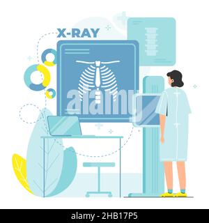 Esame di fluorografia della paziente femminile. Scansione radiografica toracica, roentgen, radiografia toracica, illustrazione vettoriale della salute dei polmoni. Illustrazione Vettoriale