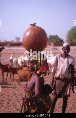 Vita nella regione Sahel della Nigeria settentrionale, Africa occidentale, all'inizio del 1980s - donna che trasporta l'acqua Foto Stock