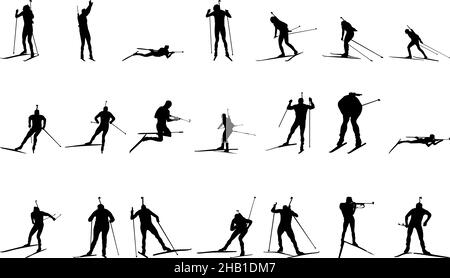 Set silhouette Biathlon. Silhouette nere lisce e ricche di dettagli degli atleti di biathlon. Illustrazione vettoriale. Illustrazione Vettoriale
