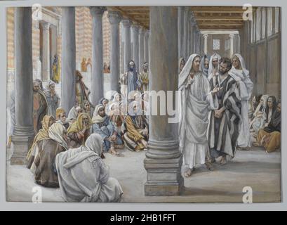 Gesù cammina nel portico di Salomone, Jésus se promène dans le portique de Salomon, la vita di nostro Signore Gesù Cristo, la vie de Notre-Seigneur Jésus-Christ, James Tissot, francese, 1836-1902, acquerello opaco su grafite su carta grigia di vove, Francia, 1886-1896, Image: 7 3/8 x 10 7/16 pollici, 18,7 x 26,5 cm, Cristianesimo, figure, Gesù Cristo, uomini, arte religiosa Foto Stock