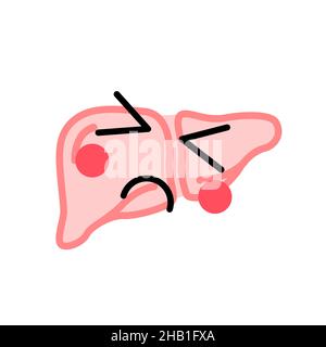 Fegato umano con faccia cute in ammalato, triste e dolore grimace, icona medica su bianco Illustrazione Vettoriale