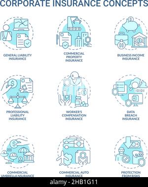 Set di icone di concetto turchese di assicurazione aziendale Illustrazione Vettoriale