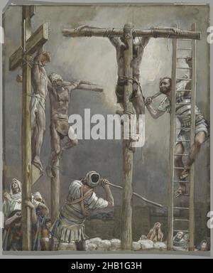 Le gambe dei ladri sono rotte, su rompt les jambes aux larrons, la vita di nostro Signore Gesù Cristo, la vie de Notre-Seigneur Jésus-Christ, James Tissot, francese, 1836-1902, acquerello opaco su grafite su carta grigia di coltre, Francia, 1886-1894, immagine: 11 3/16 x 9 7/16 pollici, 28,4 x 24 cm, calvario, Cristianesimo, crocifissione, croce, Crocifissione, Vangelo, Gesù Cristo, Giovanni 19:31-32, scala, Ladroni, nuovo Testamento, palestina, punizione, religione, arte religiosa, ladri, tortura, vangelo, testimone, testimoni Foto Stock