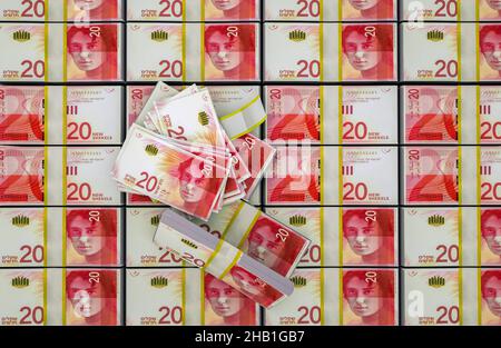 Il denaro di Israele. Nuove bollette israeliane. Banconote ILS. 20 sicli. Notizie di finanza di affari background. 3d illustrazione. Foto Stock