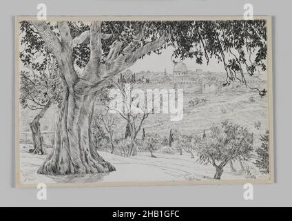 A metà strada sul Monte degli Ulivi, Un mi-Côté du mont des Oliviers, la vita di nostro Signore Gesù Cristo, la vie de Notre-Seigneur Jésus-Christ, James Tissot, francese, 1836-1902, penna e inchiostro su carta montata a bordo, 1886-1887 o 1889, foglio: 4 11/16 x 7 3/16 pollici, 11,9 x 18,3 cm, cupola, disegno, agricoltura, frutta, Colline, IMLS, inchiostro, paesaggio, montatura, Natura, olivo, pastorale, Tissot, albero Foto Stock