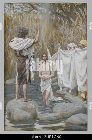 Il Battesimo di Gesù, Baptême de Jésus, la vita di nostro Signore Gesù Cristo, la vie di Notre-Seigneur Jésus-Christ, James Tissot, francese, 1836-1902, acquerello opaco su grafite su carta grigia di coltre, Francia, 1886-1894, immagine: 8 1/2 x 5 1/2 in., 21,6 x 14 cm, battesimo, bibbia, biblico, macigno, cattolicesimo, cristo, Cristianesimo, colomba, Spirito Santo, Spirito Santo, Gesù, Giovanni Battista, Giordano, Matteo 3:13-17, messia, nuovo Testamento, Antico Testamento, scialle di preghiera, orante, profeta, religione, arte religiosa, rito, rocce, Talite, Tissot, acqua, acquerello Foto Stock