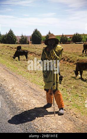 Con il titolo di 'Pastore di basuto con coperta tradizionale' in piedi vicino al suo bestiame, Sudafrica 1979 Foto Stock