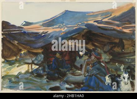 Bedouin Women, John Singer Sargent, americano, nato in Italia, 1856-1925, Acquerello opaco e traslucido con disegno in grafite, 1905-1906, 12 x 18 1/16 pollici, 30,5 x 45,9 cm, acquerello americano, arabo, arabo, campo, cucinare, deserto, dune, famiglia, fuoco, Cibo, capra, pastori, Medio Oriente, nomade, nomade, riposo, sabbia, tenda, thibe, tob, turbante Foto Stock