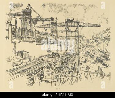 Le mura di Miraflores Lock, Joseph Pennell, americano, 1860-1926, litografia, 1912, composizione: 16 3/4 x 20 7/8 pollici, 42,5 x 53 cm, ponte, America centrale, ingegneria civile, commercio, Costruzione, gru, giungla, America Latina, Panama, Canale di Panama, binari ferroviari, binari, trasporti, tropici Foto Stock