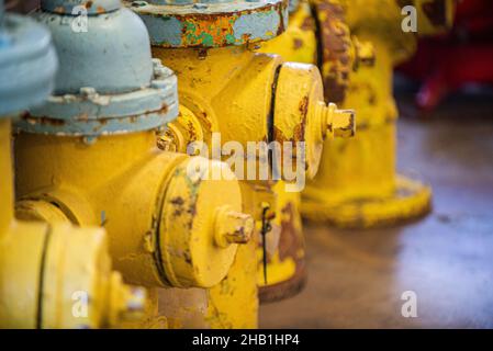 Giallo antico fuoco idranti con cime blu allineati in un museo del fuoco Foto Stock