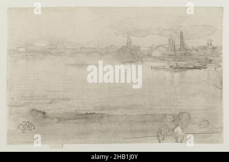 Al mattino presto, James Abbott McNeill Whistler, americano, 1834-1903, litografia, litotinta su crema, Carta di spessore medio, liscia, 1878, foglio: 6 3/4 x 10 1/4 pollici, 17,1 x 26 cm, americana, corpo d'acqua, opacità, IMLS, Paesaggio, litografia, monocromatico, mattina, stampa, Skyline, acqua, whistler Foto Stock