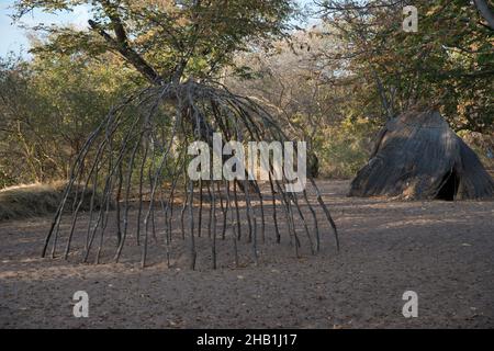 KALAHARI, NAMIBIA - Ott 14, 2016: Una semplice capanna di bastoni di San People (Boscimani), Kalahari, Namibia Foto Stock
