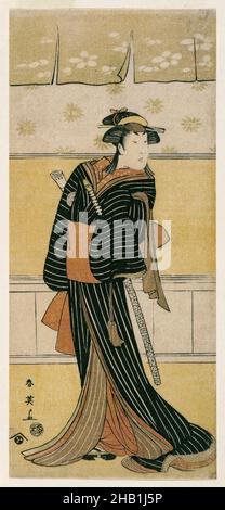 The Actor Ichikawa Monnosuke II as Karigane no Ofumi, Katsukawa Shunei, Japanese, 1762-1819, Color Woodblock print on paper, Japan, 1792, Edo period, 12 3/4 x 5 9/16 in., 32,0 x 14,2 cm, bijin, bijinga, drappa, kimono, obi, pattern, stripe Foto Stock