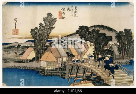 Hodogaya: Ponte Shinmachi, dalla serie cinquantatre stazioni della strada Tōkaidō, Utagawa Hiroshige, Ando, giapponese, 1797-1858, Stampa a blocchi di legno a colori su carta, Giappone, ca. 1833-1834, periodo Edo, 8 15/16 x 13 15/16 poll., 22,7 x 35,4 cm Foto Stock