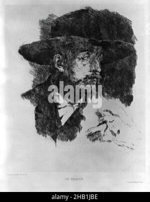 Un Fumeur, Wilhelm Leibl, tedesco, 1844-1900, incisione su carta laiata, 8 15/16 x 7 3/8 pollici, 22,7 x 18,7 cm Foto Stock