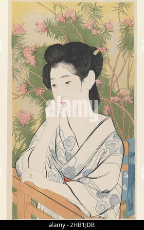 At a Hot Springs Inn, Hashiguchi Goyo, Japanese, 1880-1921, Colour Woodblock print on paper, Japan, July, 1920, Taisho Period, 17 1/2 x 10 3/8in., 44,5 x 26,4cm, bellezza, contemplativa, fiore, Goyo, terme calde, hotel, kimono, mimosa, fiore rosa, meditare, ritratto, stampa, spa, pensieroso, donna, legno Foto Stock