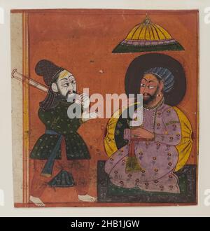 Frammento di una pagina da una serie Markandeya Purana, indiano, acquerello opaco e oro su carta, ca. 1625, foglio: 4 7/8 x 4 11/16 pollici, 12,4 x 11,9 cm, oro, Markandeya Purana, borsa Messenger, carta, Rajasthan, Ruler, Scroll, Tilak, Watercolor Foto Stock