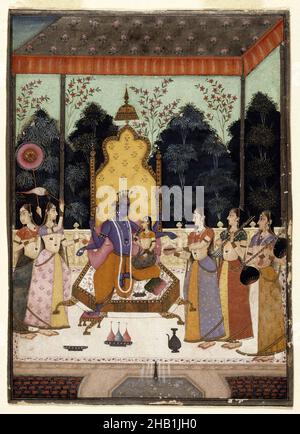 Una visione di Vishnu, Vaikuntha Dershana, attribuita a Murad e Lupha, attivo fine 17th-inizio 18th secolo, acquerello opaco, oro e argento su carta, Bikaner, Rajasthan, India, c 1710-15, Foglio: 7 11/16 x 5 3/8 pollici, 19,5 x 13,7 cm, Bikaner, Conch, Discus, Giardino, dio, dea, Oro, Indù, marito e moglie, indiana, Lakshmi, Lotus, Lupha, Mace, Mahalakshmi, Murad, musicisti, carta, Rajasthan, Argento, figure femminili in piedi, Vishnu, Watercolor Foto Stock