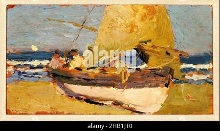 Spiaggia di Valencia, Playa de Valencia, Joaquín Sorolla y Bastida, spagnolo, 1863-1923, olio su pannello di legno, Spagna, ca. 1908, 5 1/4 x 10 1/2 pollici, 13,3 x 26,7 cm, 20thC, apunte, Bastida, barca, europeo, Joaquin, tempo libero, stile di vita, nautico, ndd12, Ocean, Pittura, plage, Barca a vela, barca a vela in camicia, sorolla, Spagna, pittura spagnola, onde Foto Stock