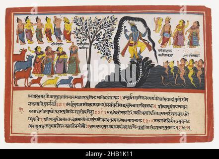 Krishna Conquers il serpente Kaliya, pagina da un disperso Bhagavata Purana Series, indiano, acquerello opaco e oro su carta, Odisha, Orissa, India, ca. 1775, foglio: 9 3/4 x 14 5/8 pollici, 24,8 x 37,1 cm, Bhagavata Purana, mucche, Dancing, Oro, Gopis, mandria, Corno, Kaliya, Krishna, Nagas, Nanda, Orissa, carta, serpente, Serpente, acquerello, Yashoda Foto Stock