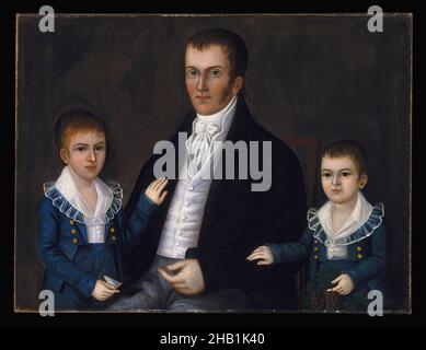 John Jacob Anderson and Sons, John and Edward, Joshua Johnson, attivo circa 1795-1825, olio su tela, circa 1812-1815, 30 1/8 x 39 11/16 pollici, 76,5 x 100,8 cm, 19th, artista afro-americano, primitivo americano, artista nero, circa 1812-1815, bambini, colletto, disciplinario, primi americani, famiglia, ritratto di famiglia, padre, nero libero, nessuna espressione, Pittura, penitente, persona, stile semplice, ritratto, seduto, basette, figli, poppa, rigido, senza serbatoio Foto Stock