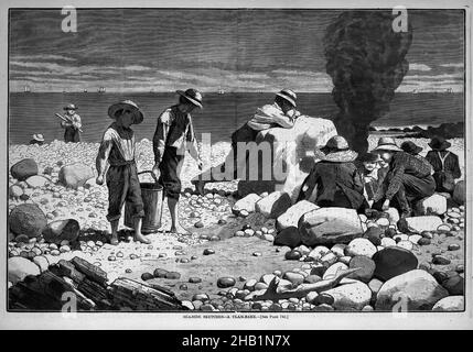 Schizzi sul mare--A Clam Bake, Winslow Homer, americano, 1836-1910, incisione del legno, 1873, immagine: 9 3/8 x 14 pollici, 23,8 x 35,6 cm Foto Stock