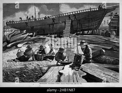 Ship-Building, Gloucester Harbour, Winslow Homer, cucina americana, 1836-1910, Incisione in legno, 1873, immagine: 9 3/8 x 13 5/8 pollici, 23,8 x 34,6 cm Foto Stock