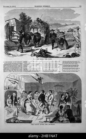 Casa di guida il mais e la danza dopo la buccia, Winslow Homer, americano, 1836-1910, incisione di legno, 1858, immagine, a: 5 7/8 x 9 1/8 pollici, 14,9 x 23,2 cm, americana, era andata, tempo libero, nostalgico, festa, passatempo, ricreazione, socializzazione, danza quadrata Foto Stock