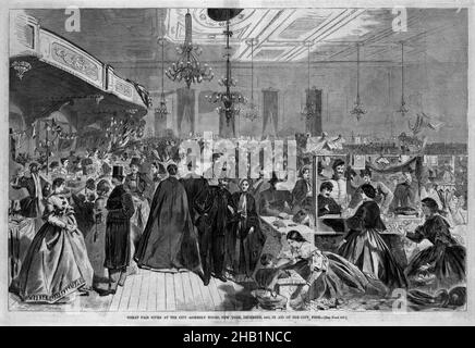 Grande fiera dato alle sale di Assemblea della città, New York, dicembre 1861, in aiuto della città povera, Winslow Homer, americano, 1836-1910, incisione del legno, 1861, immagine: 13 3/8 x 20 3/8 pollici, 34 x 51,8 cm, 1861 Foto Stock