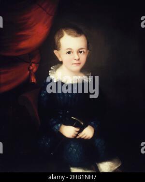 Ritratto di un bambino della famiglia Harmon, americano, olio su tela, ca. 1840s, 28 x 23 3/4in., 71,1 x 60,3cm, blu, ragazzo, bambino, Harmon, olio su tela, ritratto, ritratto di un bambino, ruffa, seduto Foto Stock
