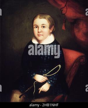 Ritratto di un bambino della famiglia Harmon, americano, olio su tela, ca. 1840s, 28 x 23 7/8in., 71,1 x 60,6cm, bambino, puntamento, ritratto, seduto, giocattolo, frusta Foto Stock